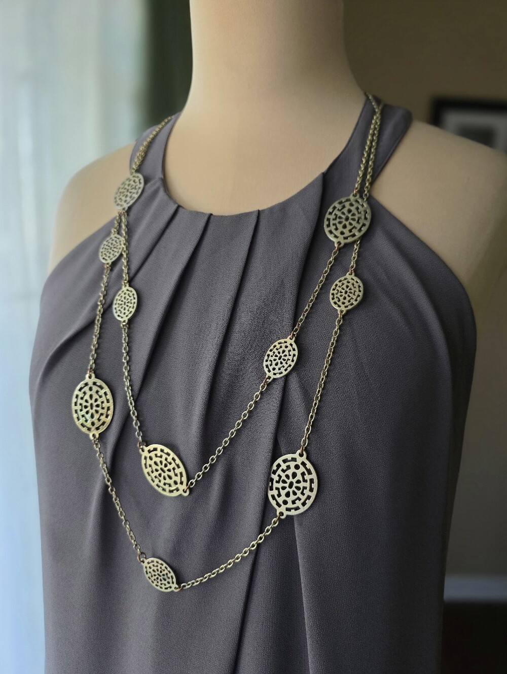 Charming Charlie Gold Double Strand Filigree Medallion Station Necklace 18"-20"